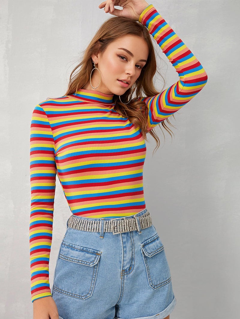 Floerns Women's High Neck Long Sleeve Slim Fit Stretch Striped T-Shirts Multi-1, S - Image 1